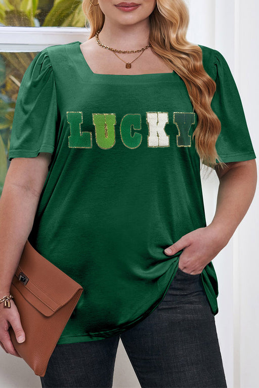 Green Plus Size Chenille LUCKY Graphic Square Neck Tee