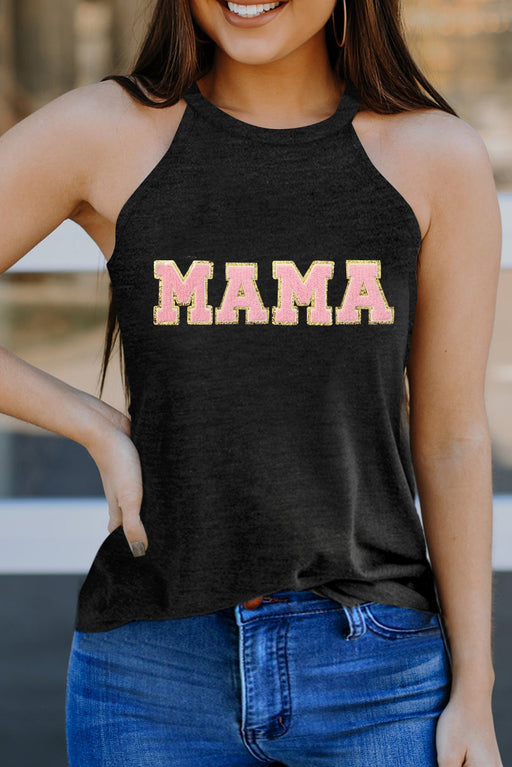 Black MAMA Graphic Chenille Patched O Neck Tank Top