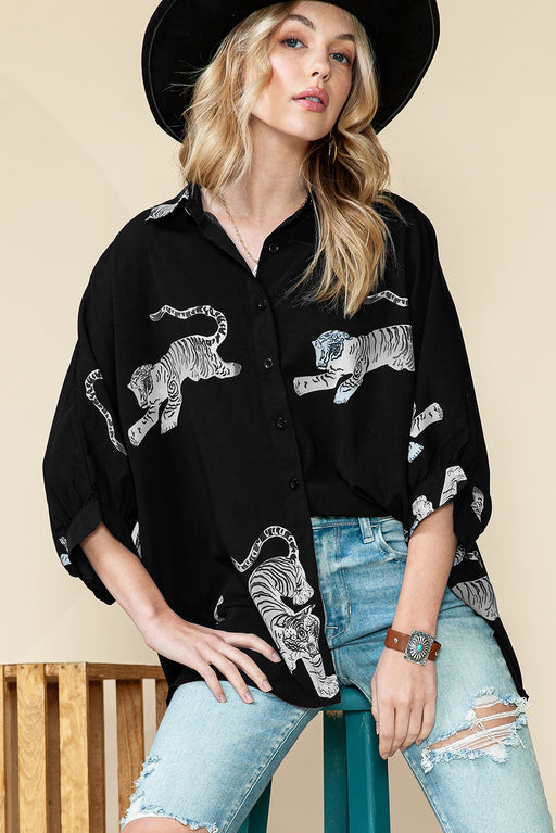 Black Animal Print Button Up Loose Fit Shirt