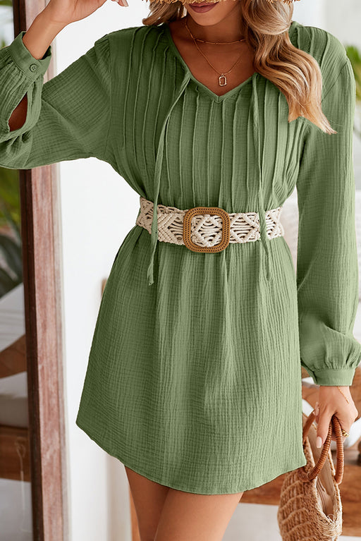 Green Pleated V Neck Crinkled Loose Tunic Top