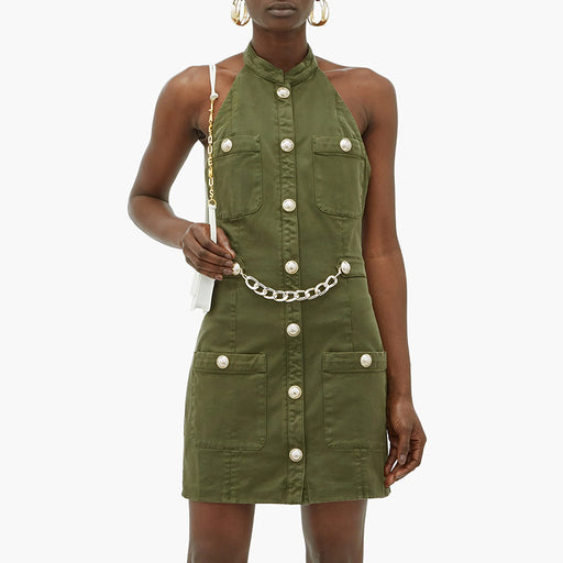 Women Lion Buttons Chain Green Cotton Backless Halter Dress