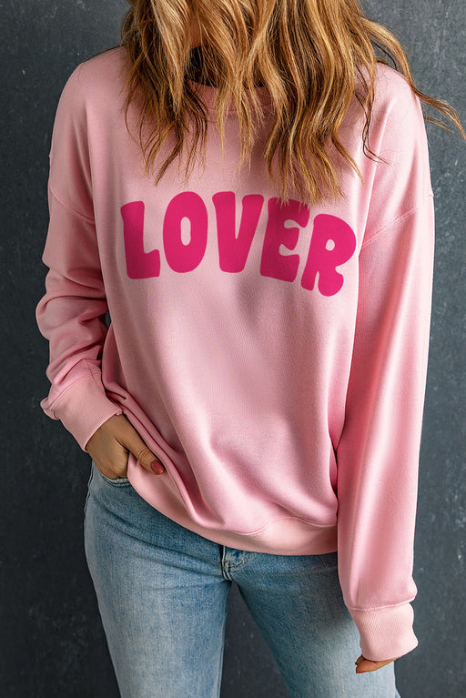 Pink Casual Valentines LOVER Letter Graphic Sweatshirt