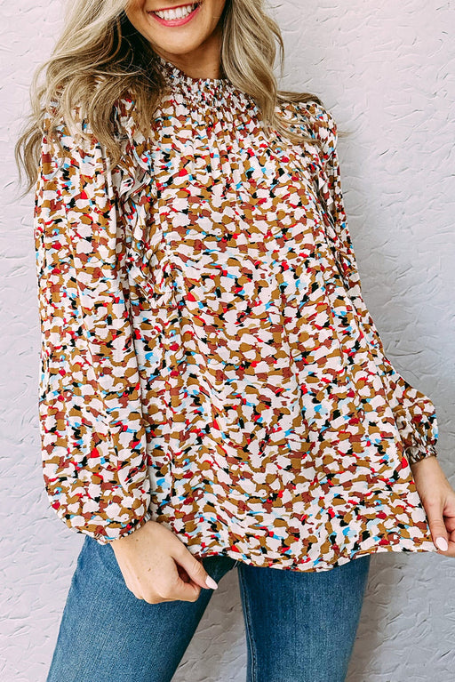 Multicolor Abstract Print Boho Puff Sleeves Shirred Blouse