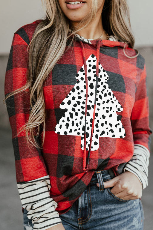 Red Plaid Patch Sleeve Leopard Christmas Graphic Hoodie