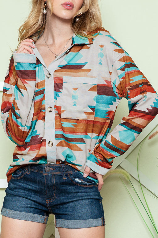 Multicolor Geometric Print Buttoned Pocket Long Sleeve Shirt