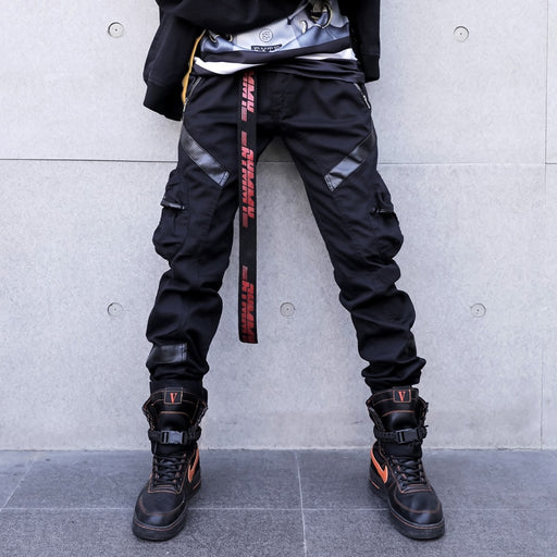 Men High Street Fashion Leather Pocket Splice Casual Cargo Pant Male Hip Hop Harem Pants Long Trousers
