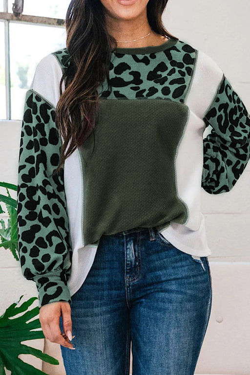 White Leopard Colorblock Waffle Knit Patchwork Top