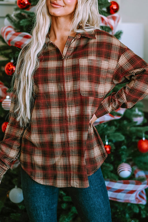 Fiery Red Plaid Print Chest Pocket Zip Up Shirt
