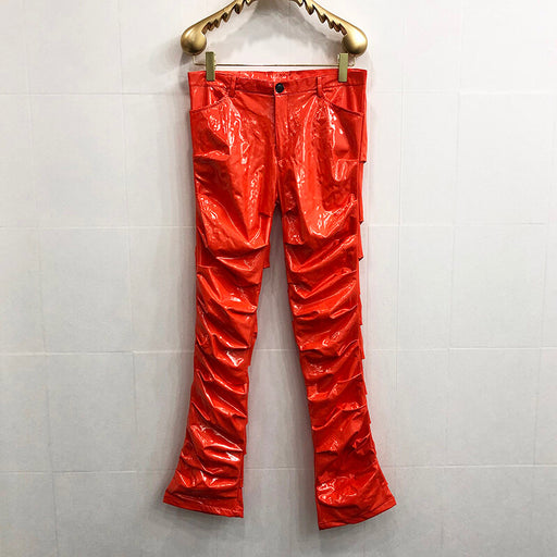 Mirror Fit Pleated Flare Leather Pants For Men And Women