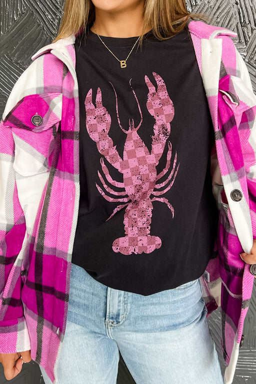 Black Checkered Crayfish Graphic Crew Neck T Shirt