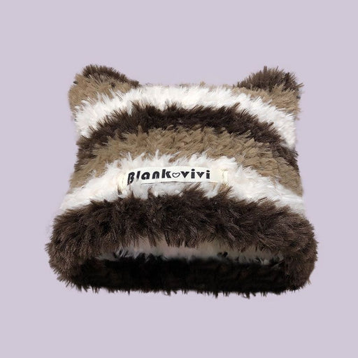 Warm Full With Cat Ears Contrast Color Striped Plush Wool Hat