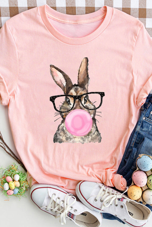 Pink Casual Easter Rabbit Graphic Round Neck Tee