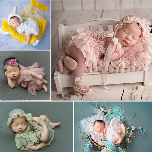 0-2 Yrs Baby Photo Clothing Sets Newborn Girl Lace Princess Dresses Hat Headband Pillow Outfits Infant Photography Costume Dress