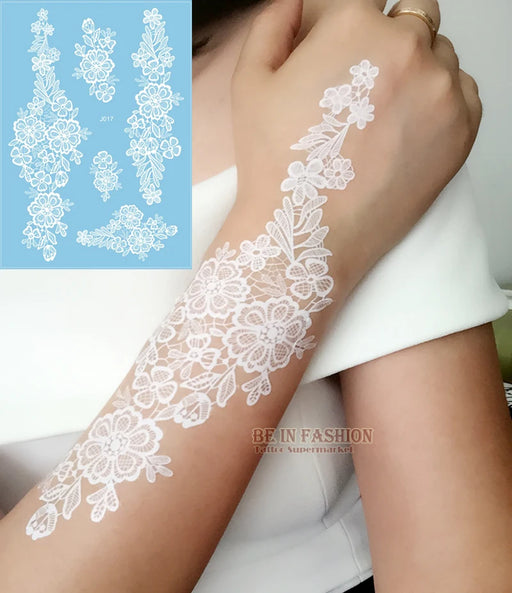 1sheet White Lace Henna Flash Tattoo Butterfly Feather Fake Temporary Tatoo Sticker Summer Style Body Art Beauty Jewelry J017
