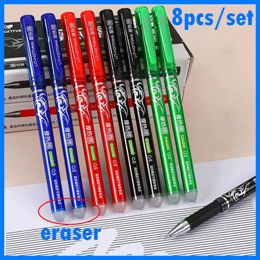 8Pcs/Set Erasable Gel Pen 0.5mm Bullet Tip Blue Black Red Ink Refill Rods 8 Color Writing Drawing Painting Washable Handle