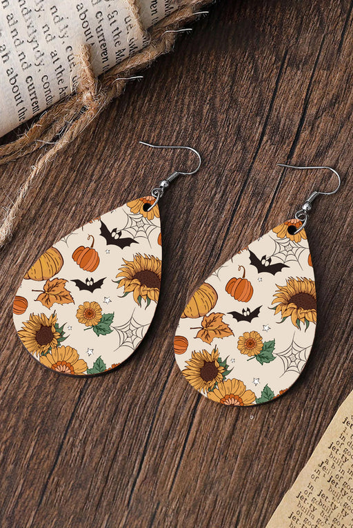 Beige Hollowed Pumpkin Sunflower Bat Print Hook Earrings