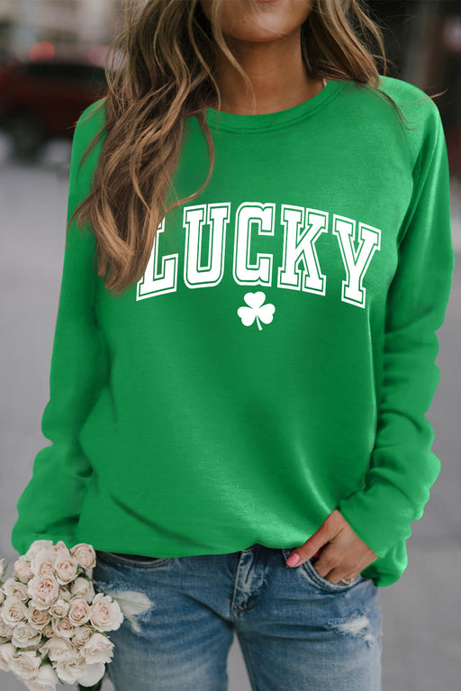 Green St Patricks LUCKY Clover Graphic Raglan Sleeve Sweatshirt