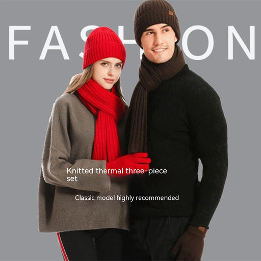 Winter Solid Color Scarf Hat Gloves Knitted Three-piece Suit