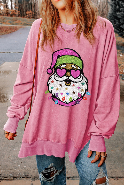 Pink Santa Claus Graphic Drop Shoulder Split Sweatshirt