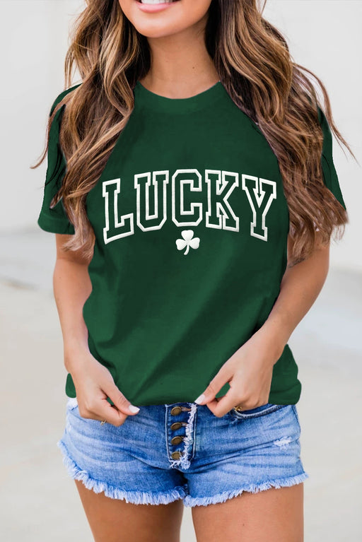 Green Casual LUCKY Clover Puff Graphic Round Neck T Shirt