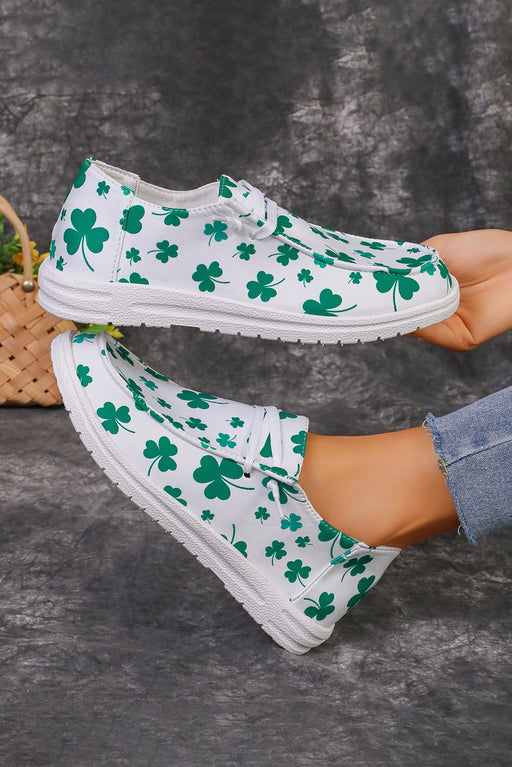 White St Patricks Day Clover Print Lace Up Canvas Sneakers