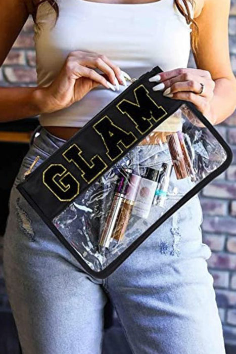 Black GLAM Chenille Embroidered Clear Zipper Makeup Bag