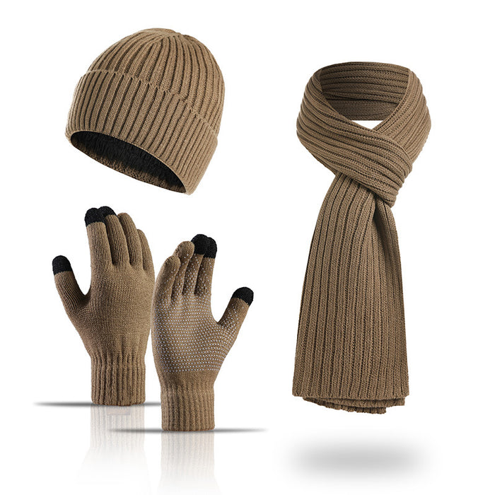 Winter Solid Color Scarf Hat Gloves Knitted Three-piece Suit