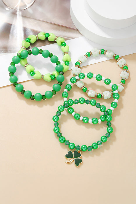 Green 5pcs Clover Pendant Beaded Bracelet Set