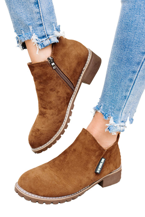 Brown Casual Faux Suede Side Zip Ankle Boots