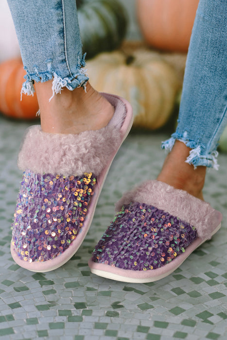 Tillandsia Purple Sequin Furry Edge Patchwork Winter Slippers