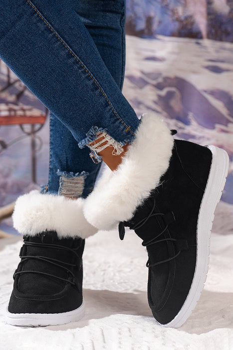 Black Suede Square Toe Plush Lined Drawstring Ankle Boots