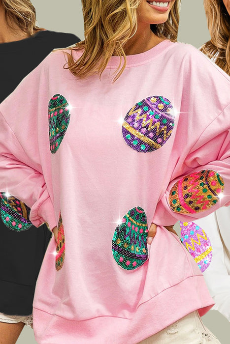 Pink Easter Sequin Egg Print Drop Shoulder Graphic Oversized Sweatshirt