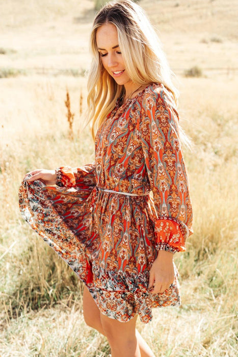 Orange Bohemian Floral Print Buttons Pleated Drawstring Short Dress