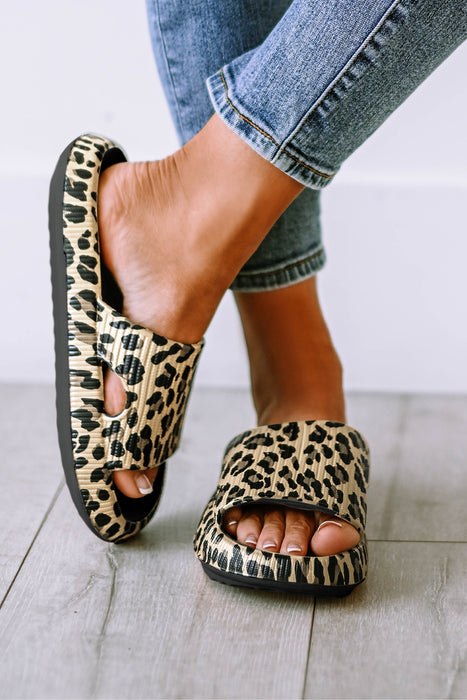 Black Leopard Print Open Toe Thick Flat Slippers