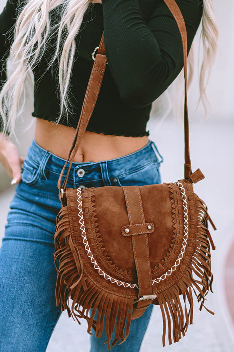 Chestnut Vintage Faux Suede Fringed Saddle Bag