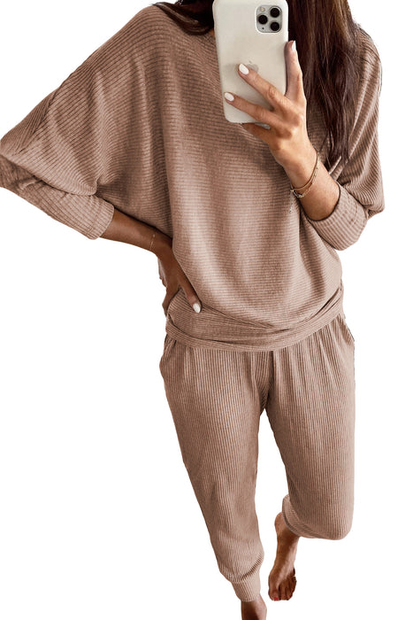 Parchment Ribbed Dolman Sleeve Top and Pocketed Pants Set