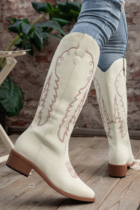 Bright White Geometric Leather Embroidered Boots