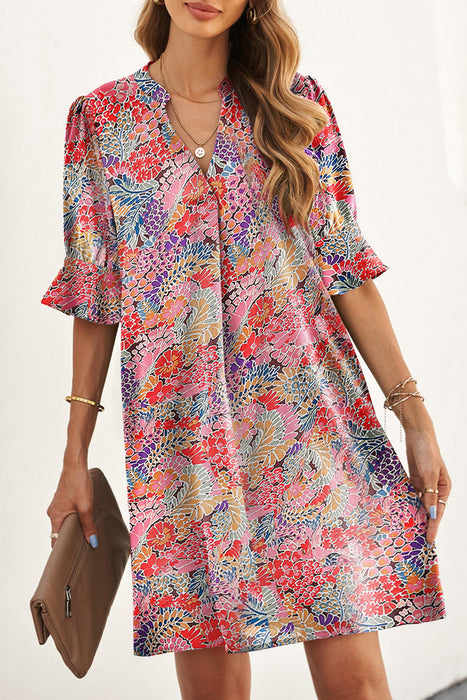 Multicolor Floral Print Split V Neck Half Sleeve Casual Tunic Dress