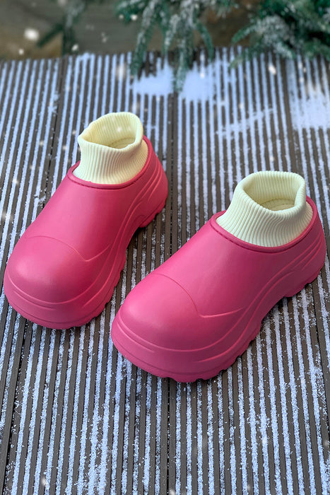 Rose Red Waterproof Thick Sole Parchwork Ankle Shoes