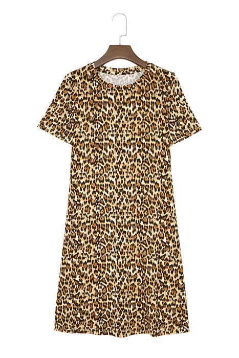 Casual Short Sleeve A-Line Crewneck Leopard Print Dress