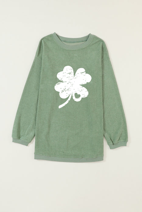 Grass Green St Patricks Corded Distressed Clover Graphic Sweatshirt