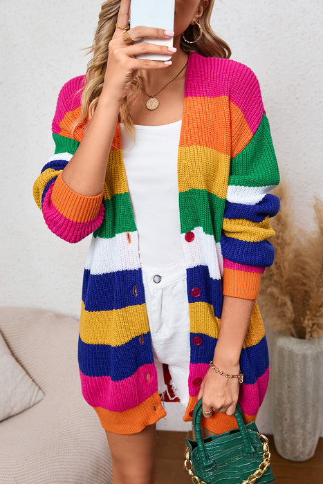 Multicolor Striped Print Button Front Knitted Long Cardigan