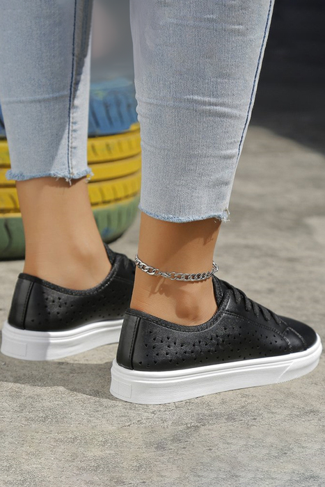 Black Lace Up Laser Cut PU Leather Sneakers