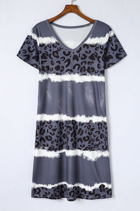 Rose Leopard Tie Dye Color Block V-Neck T-Shirt Dress