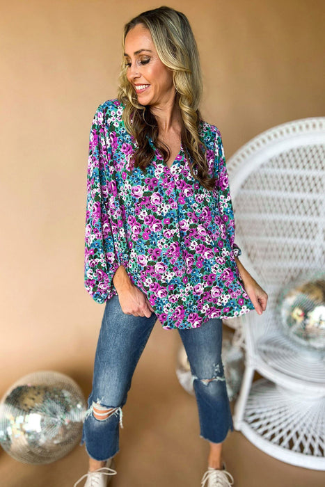 Multicolor Boho Floral Print V-Neck Long Sleeve Blouse