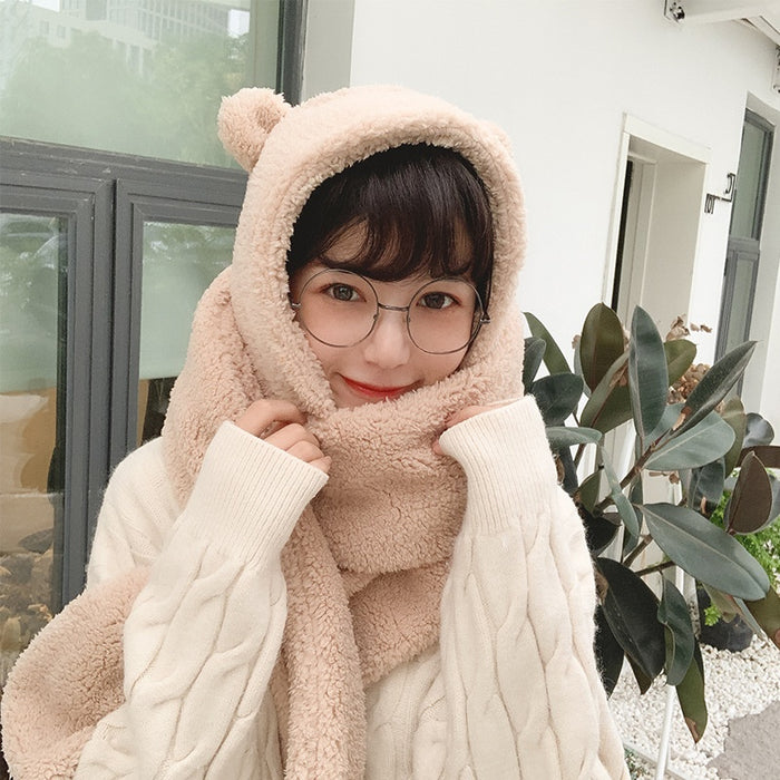 Cute Bear Hat Scarf Integrated Women's Autumn And Winter Plush Thickened Hat Scarf Integrated Three-piece Suit