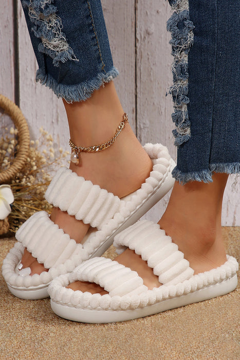 White Casual Soft Ribbed Double Straps Flat Slippers