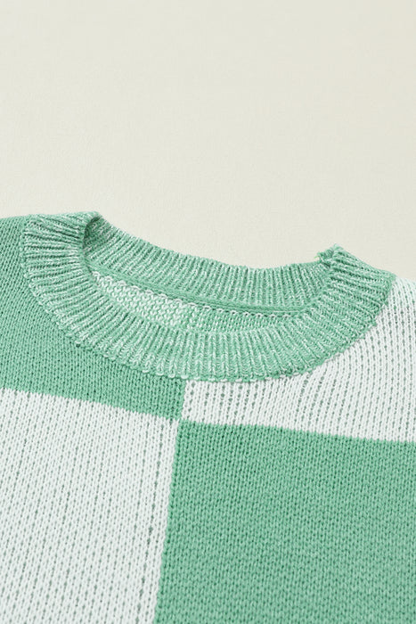 Mint Green Plaid Knitted Drop Shoulder Sweater