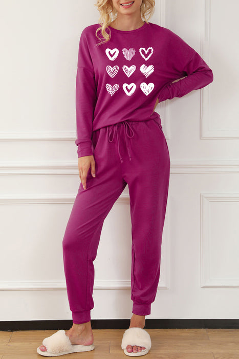 Red Heart Graphic Pullover and Drawstring Pants Pajama Set