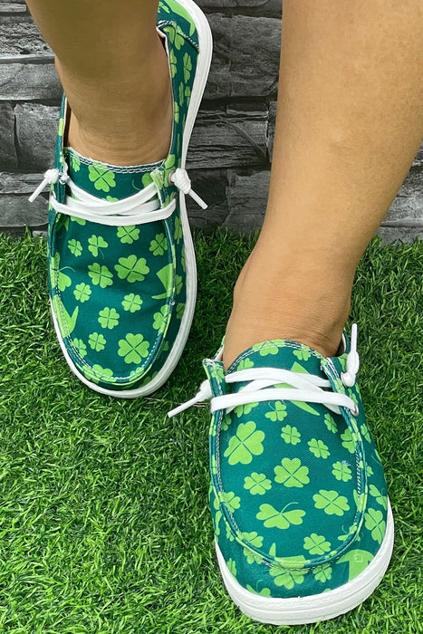 Blackish Green Clover Print Criss Cross Slip On Canvas Shoes